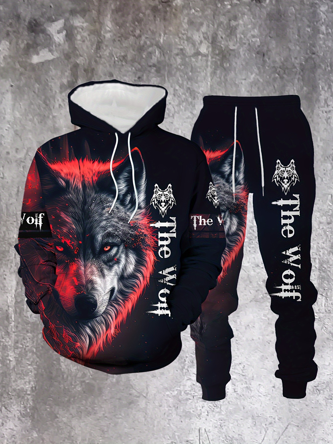Conjunto de dos piezas casual Color "The Wolf“ estampado sudadera con capuchas de manga larga sudaderas & Sweatpantalón para hombre