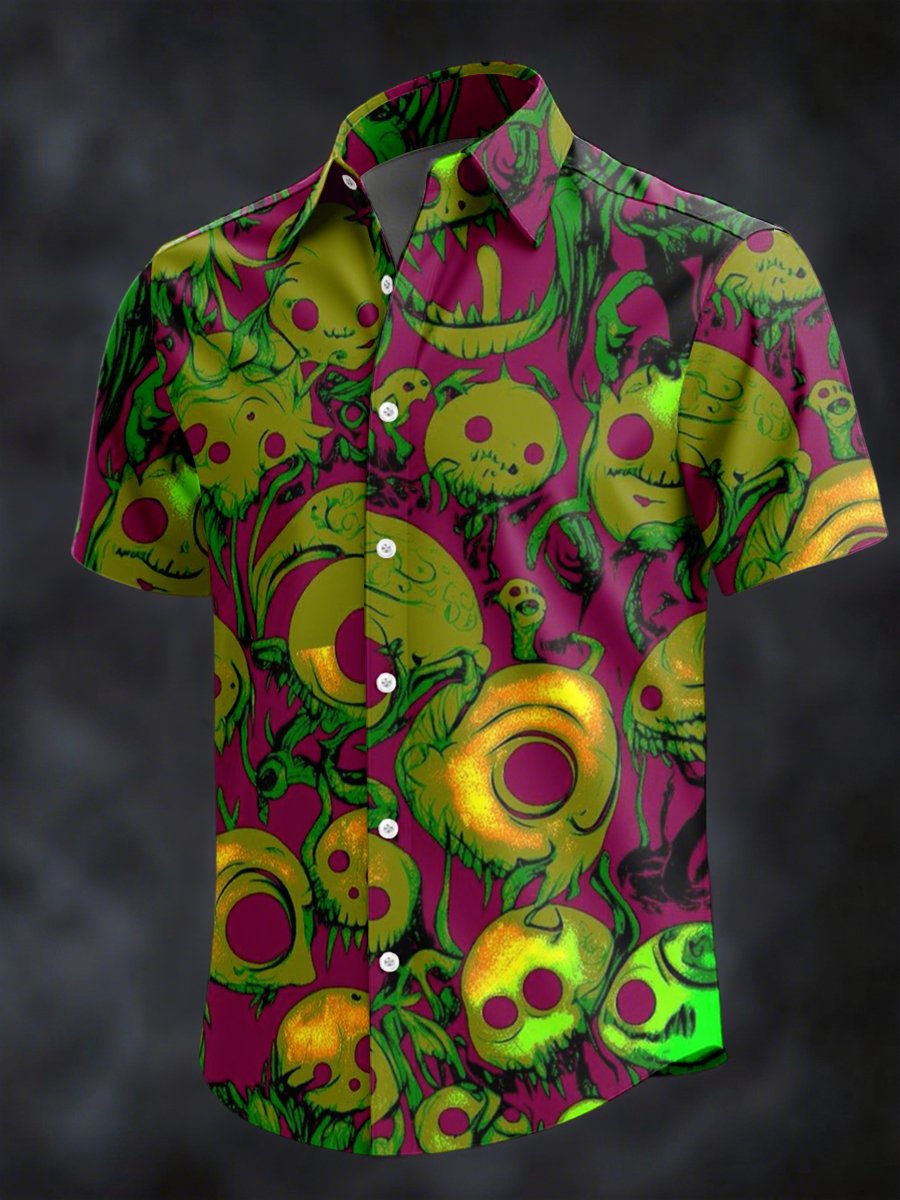 Camisa retro Horror Skull estampado solapa de manga corta para hombre
