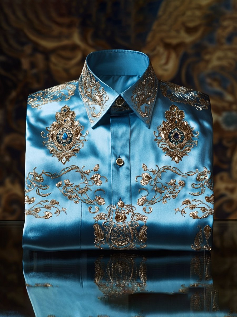 Camisa satén de lujo vintage ejecutivo de manga larga para hombre