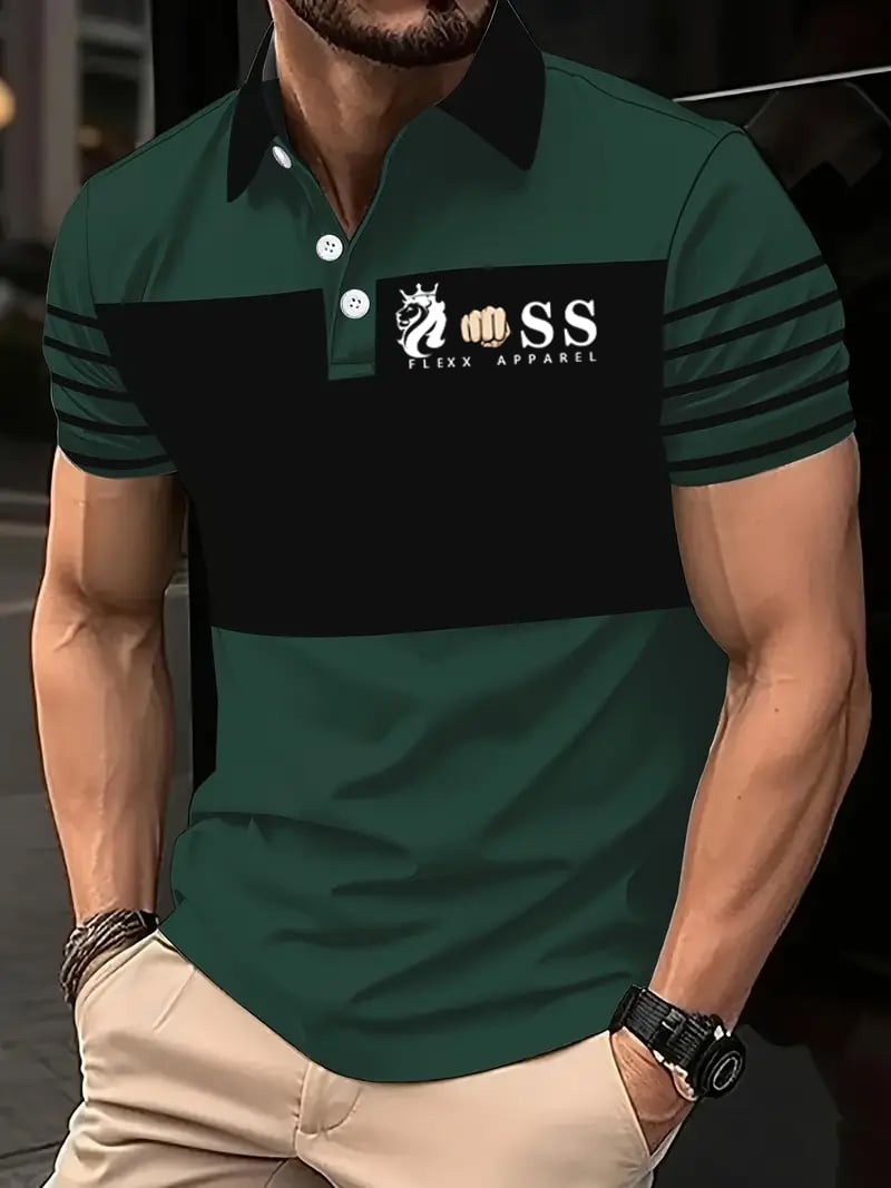 Camisa polo retro Letter Design estampado casual para hombre