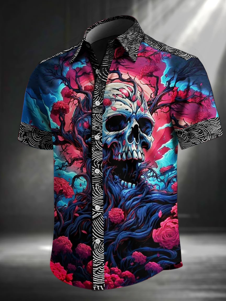 Camisa retro Skull estampado solapa de manga corta para hombre