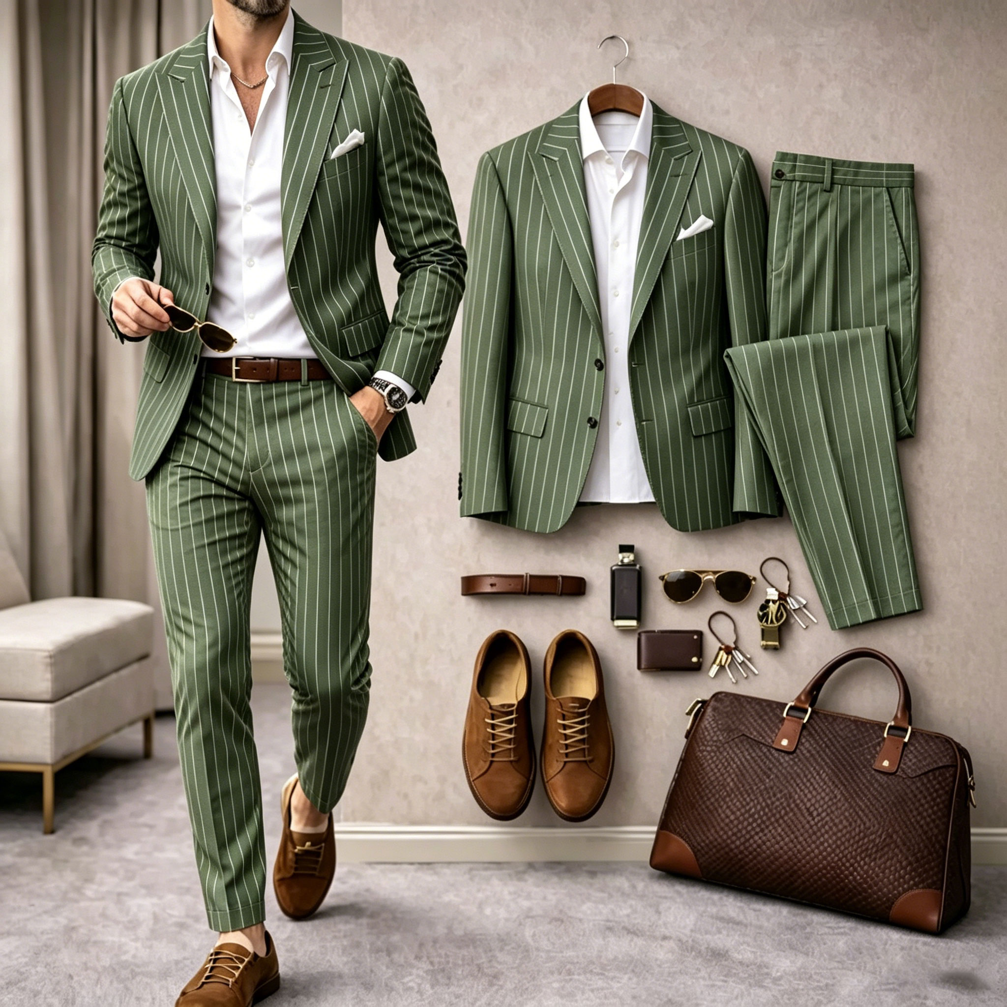 para hombre ejecutivo a rayas de manga larga camisa and Long pantalón Two-Piece Suit