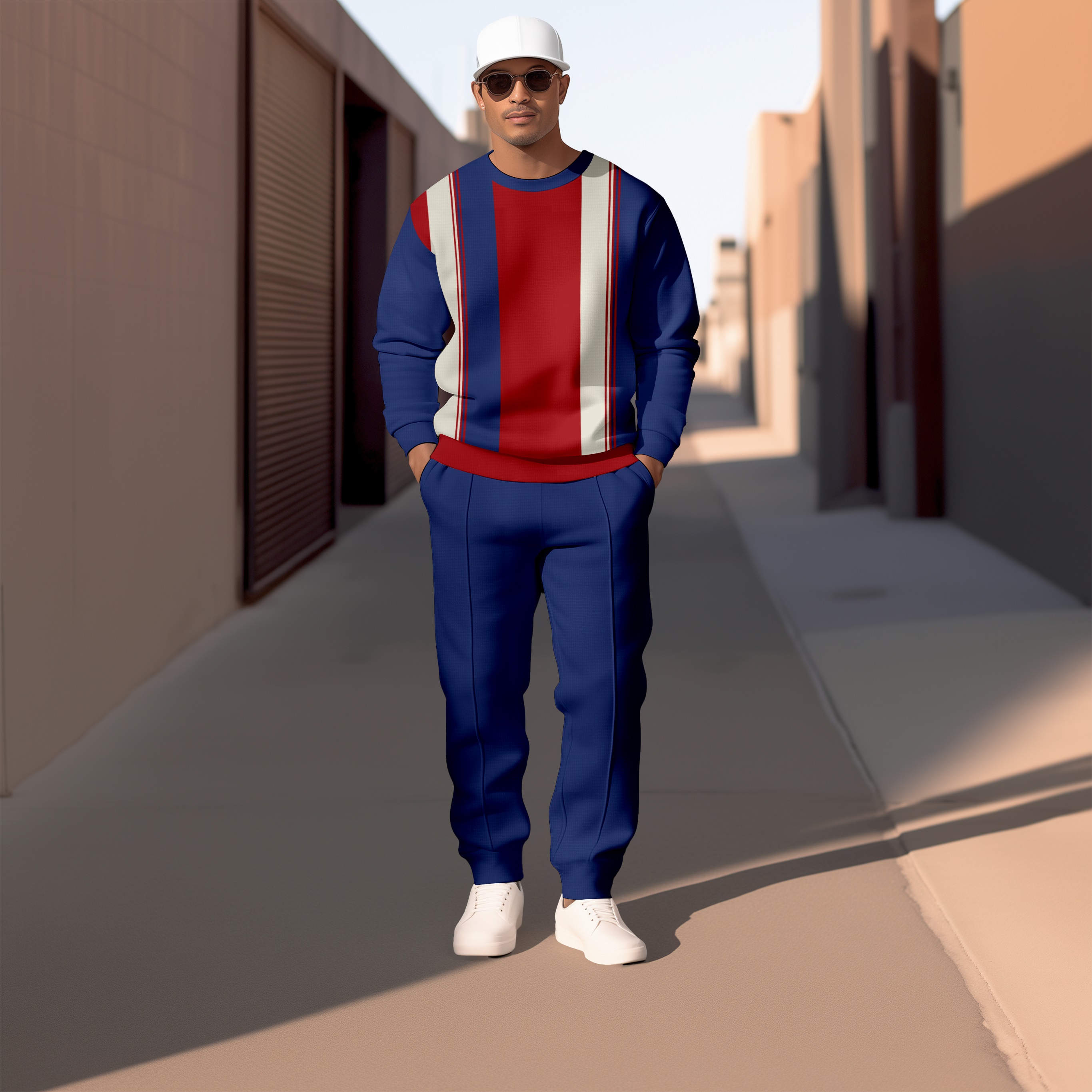Simple Colorblock Round Neck casual Sports Set 050 para hombre