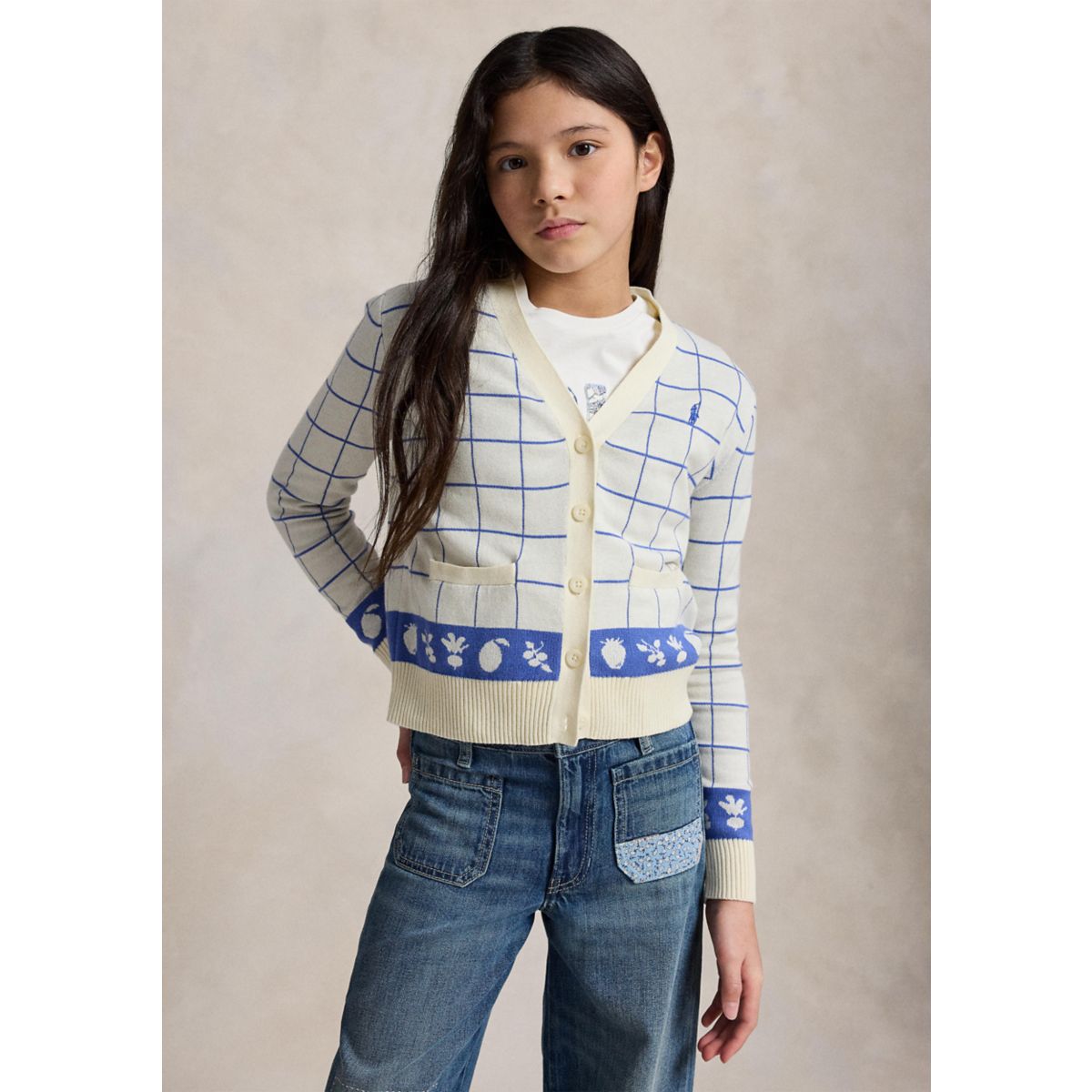 Girls 7-16 Windowpane Cotton V-Neck Cardigan - 1