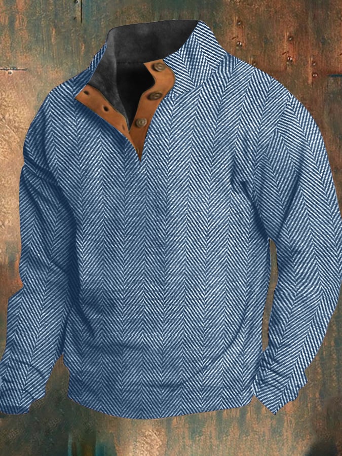 Sudadera Western vintage Herringbone estampado Design Stand cuello con botones para hombre