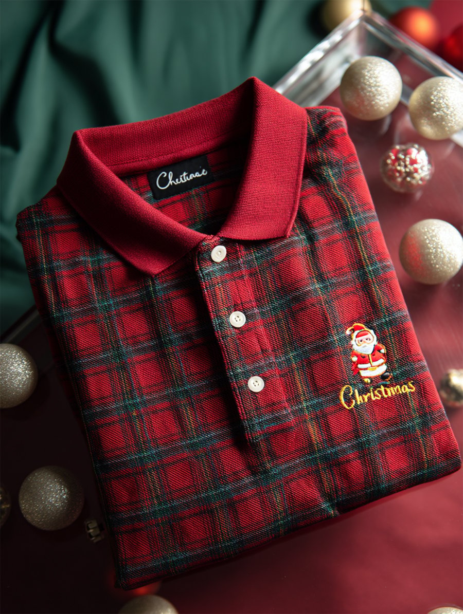 Camisa polo Christmas a cuadros de manga larga para hombre