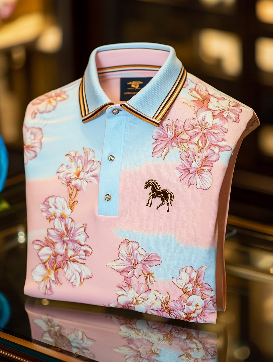 Camisa polo ejecutivo casual floral estampado Pony Button de manga corta para hombre