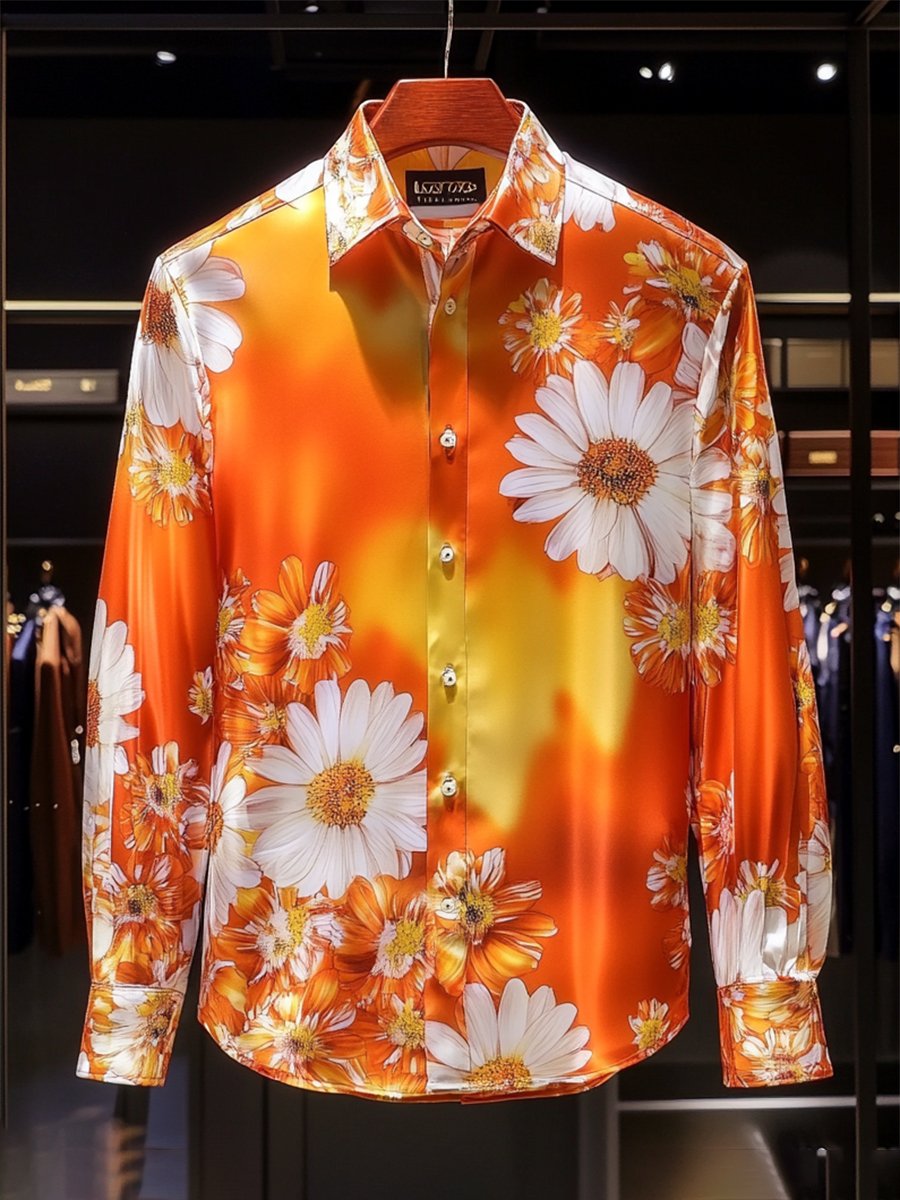 Camisa satén Luxe floral estampado de manga larga con botones para hombre