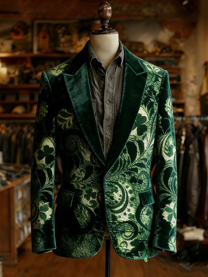 Chaqueta retro St. Patrick's Day terciopelo casual Suit para hombre