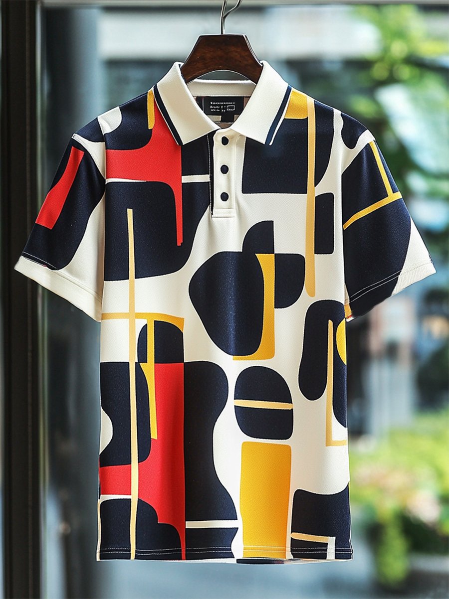Camisa polo ejecutivo casual Bauhaus estampado Button de manga corta para hombre