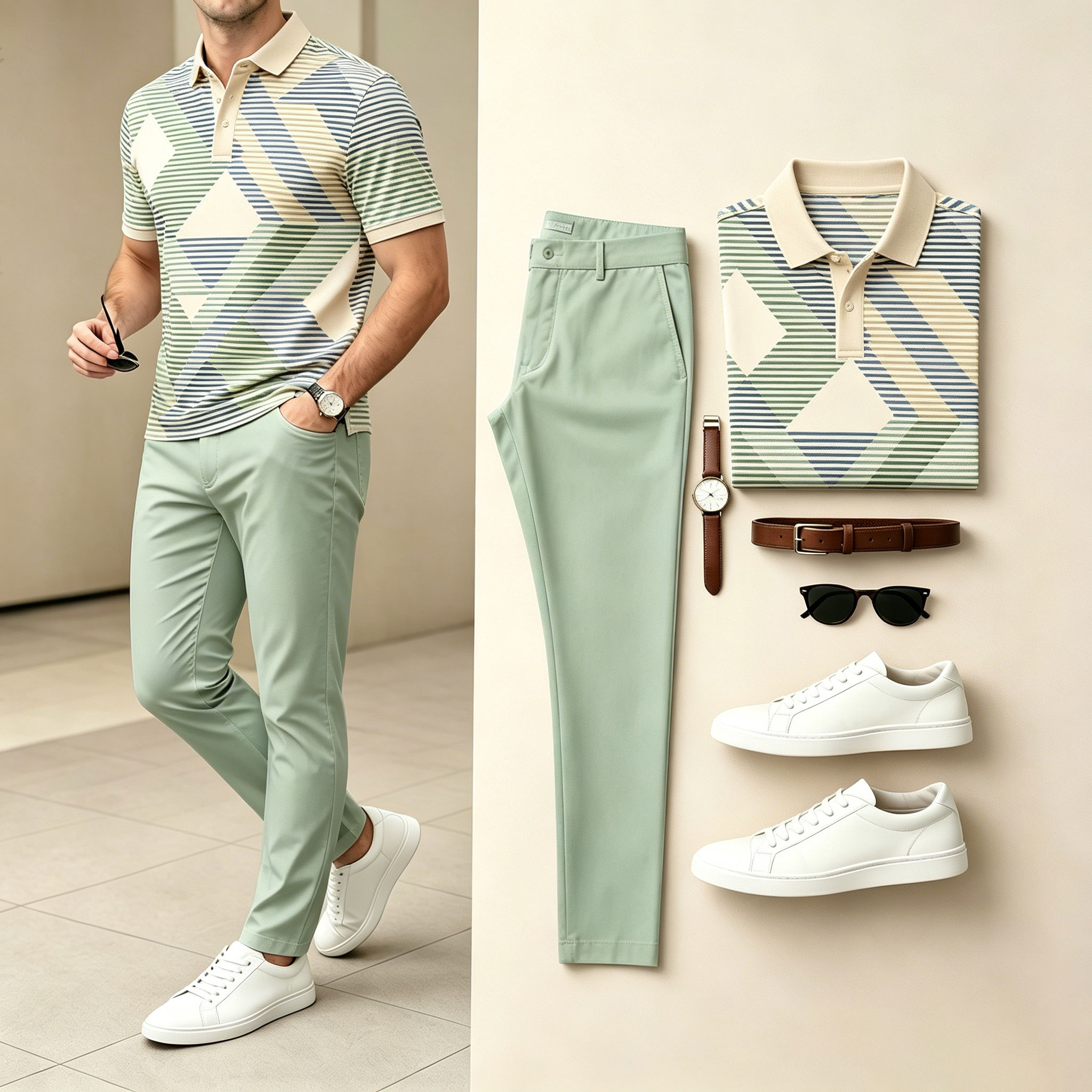 Conjunto de dos piezas casual Green & Yellow Color Matching Geometric de manga cortas camisa polo & pantalón para hombre