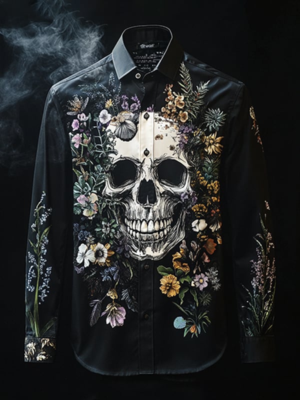 Camisa para exterior vintage Skull and floral de manga larga para hombre