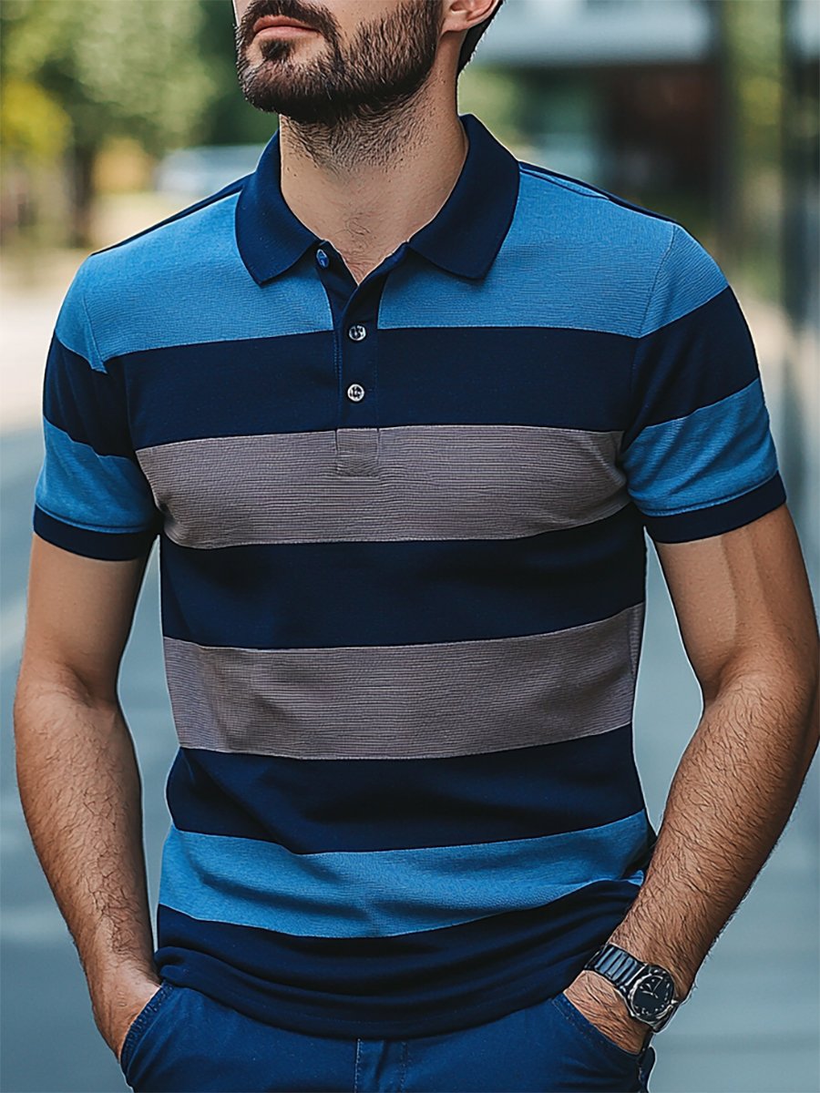Camisa polo casual ejecutivo rayas estampado con botones de manga corta para hombre