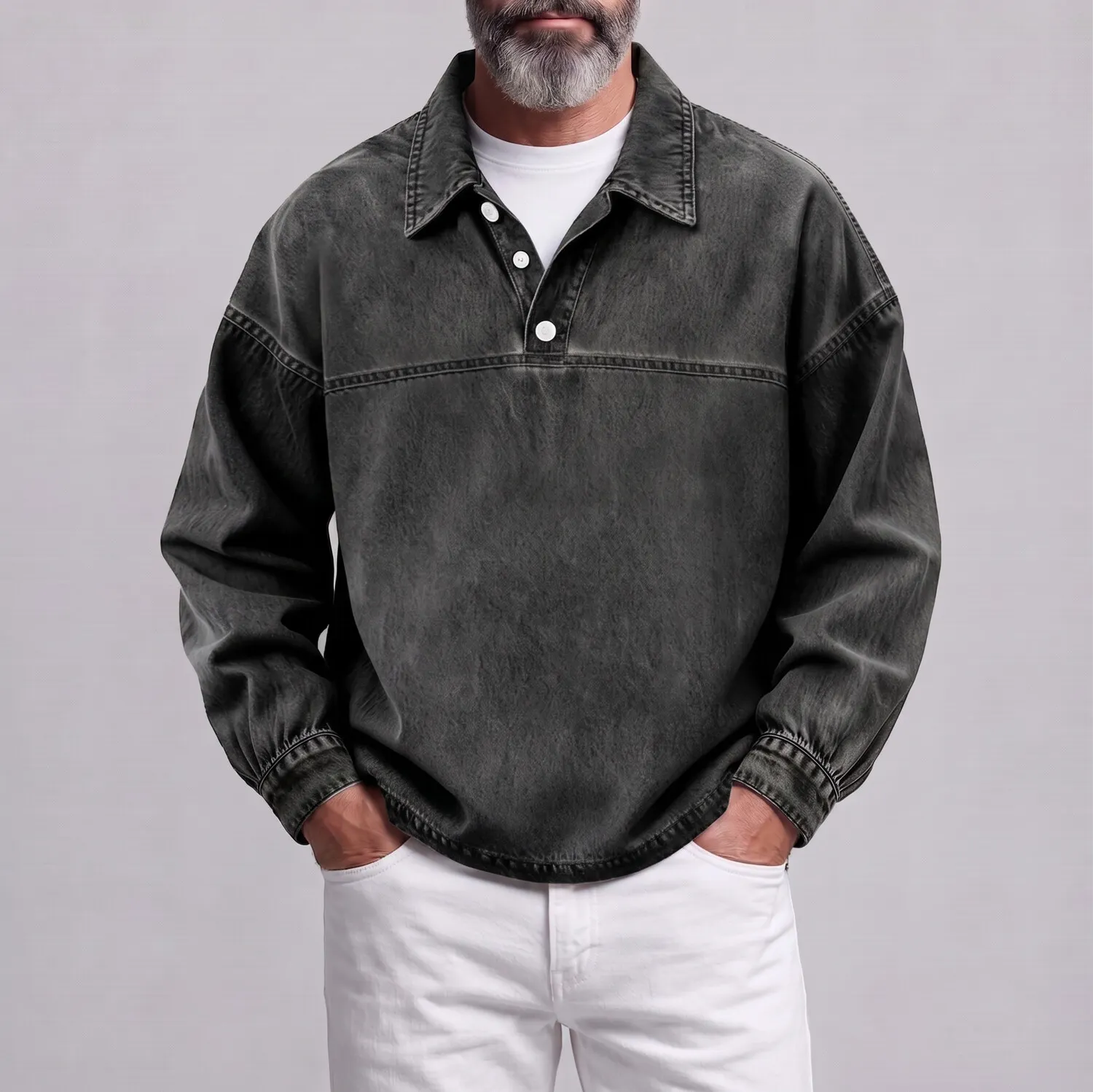 Sudadera retro de color sólido Turndown Collar Button Half Placket casual para hombre