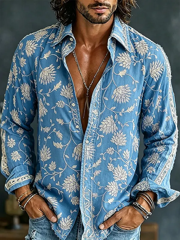 Camisa Flower Art estampado de manga larga para hombre