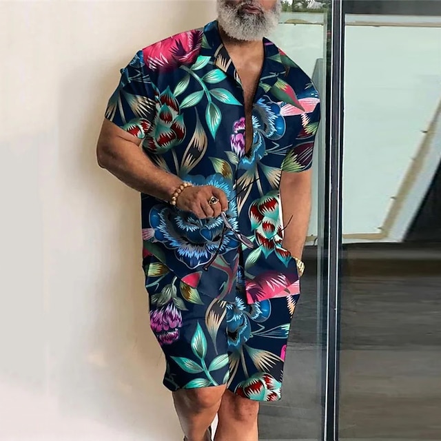 Camisa floral Graphic estampados Leaves camisas Sets Shircamiseta Set Summer Hawaiian de manga cortas Cuban Collar de moda Streetwear Designer para exterior Street casual estampado Summer Spring Blue para hombre
