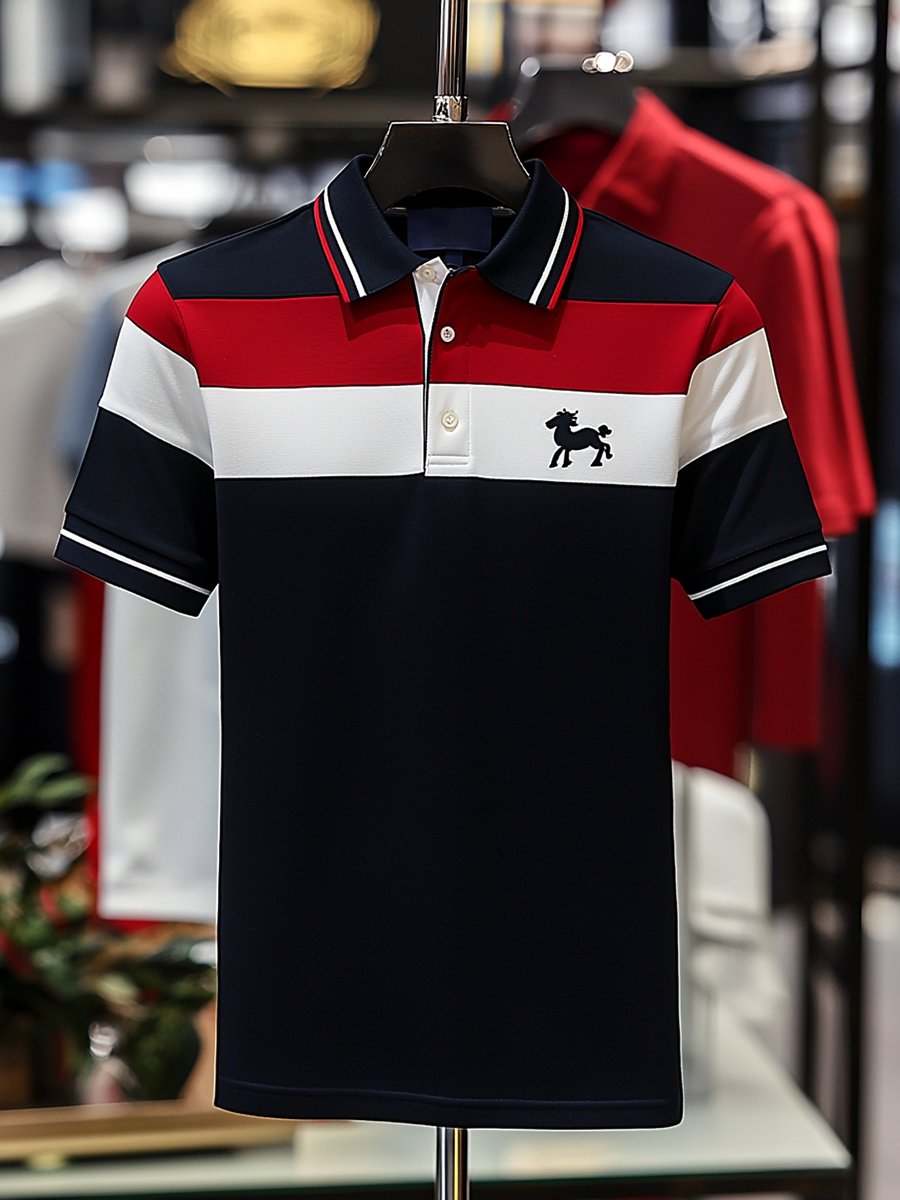 Camisa polo ejecutivo rayas Logo con botones de manga corta para hombre