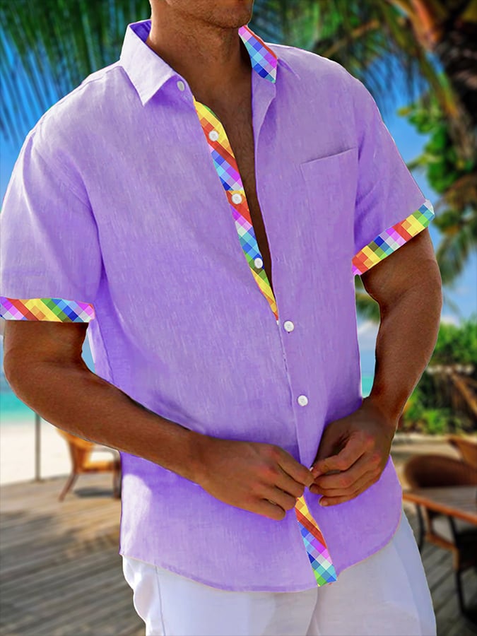 Camisa Resort Style Contrast estampado casual de manga corta para hombre