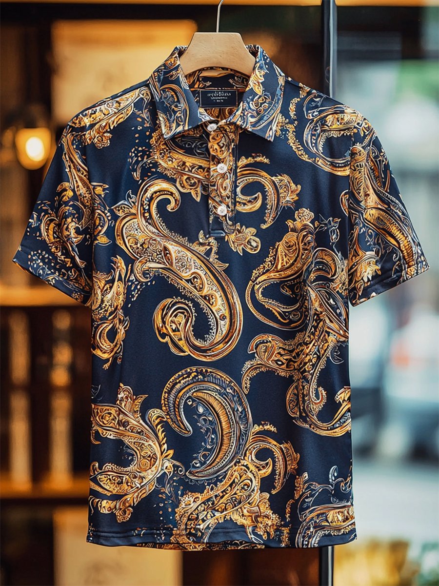 Camisa polo ejecutivo casual Paisley estampado Button de manga corta para hombre