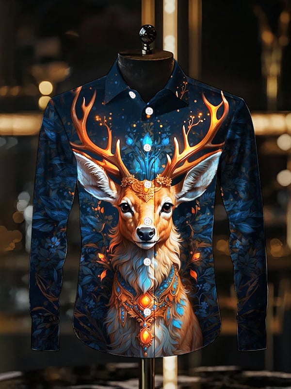 Camisa Christmas Elk Light de lujo solapa de manga larga para hombre