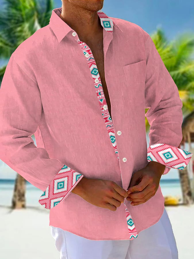 Camisa retro casual Western Geometric estampado de manga larga para hombre