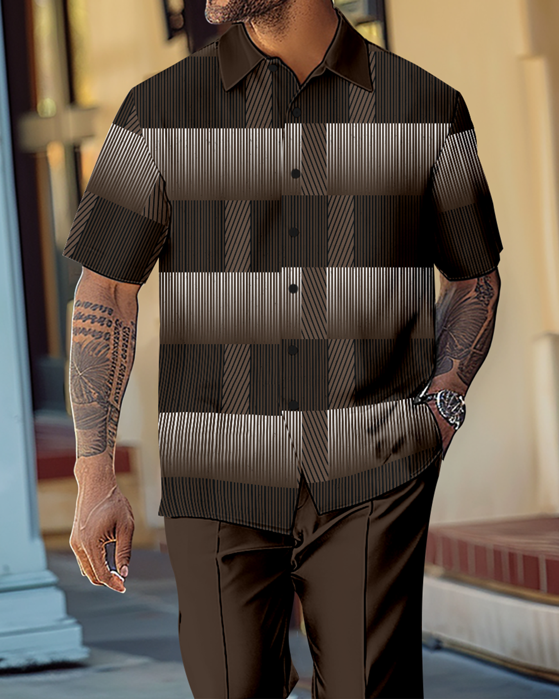 Camisa Gradient en bloques de color de manga corta Walking Suit 1145 para hombre