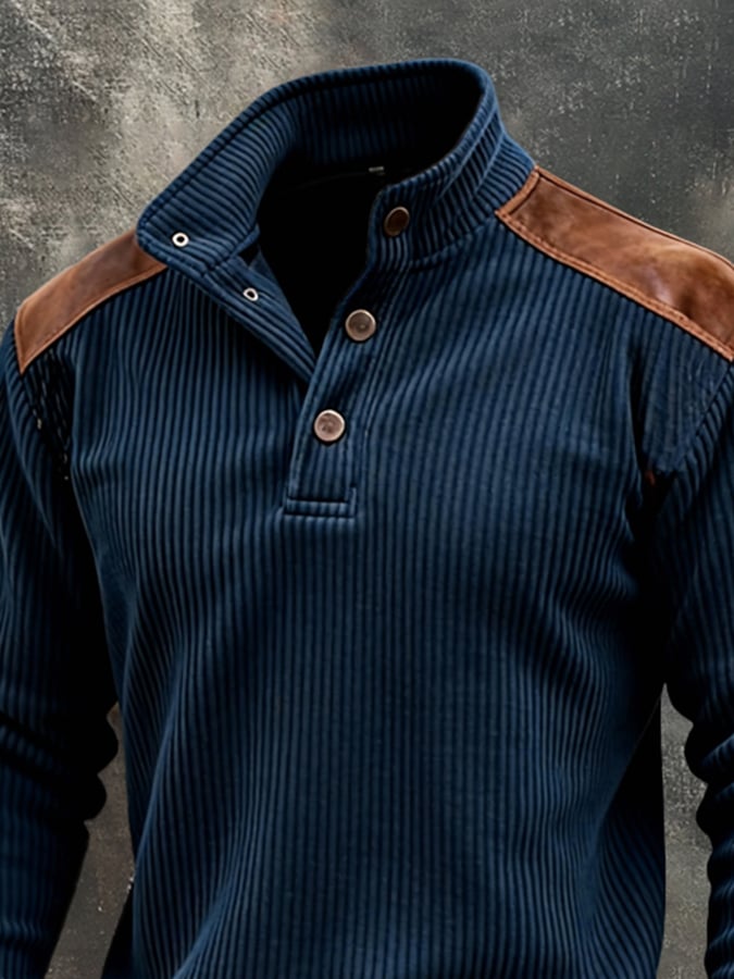 Sudadera vintage pana Patchpara trabajo Color-Block Henley Neck de manga larga para hombre