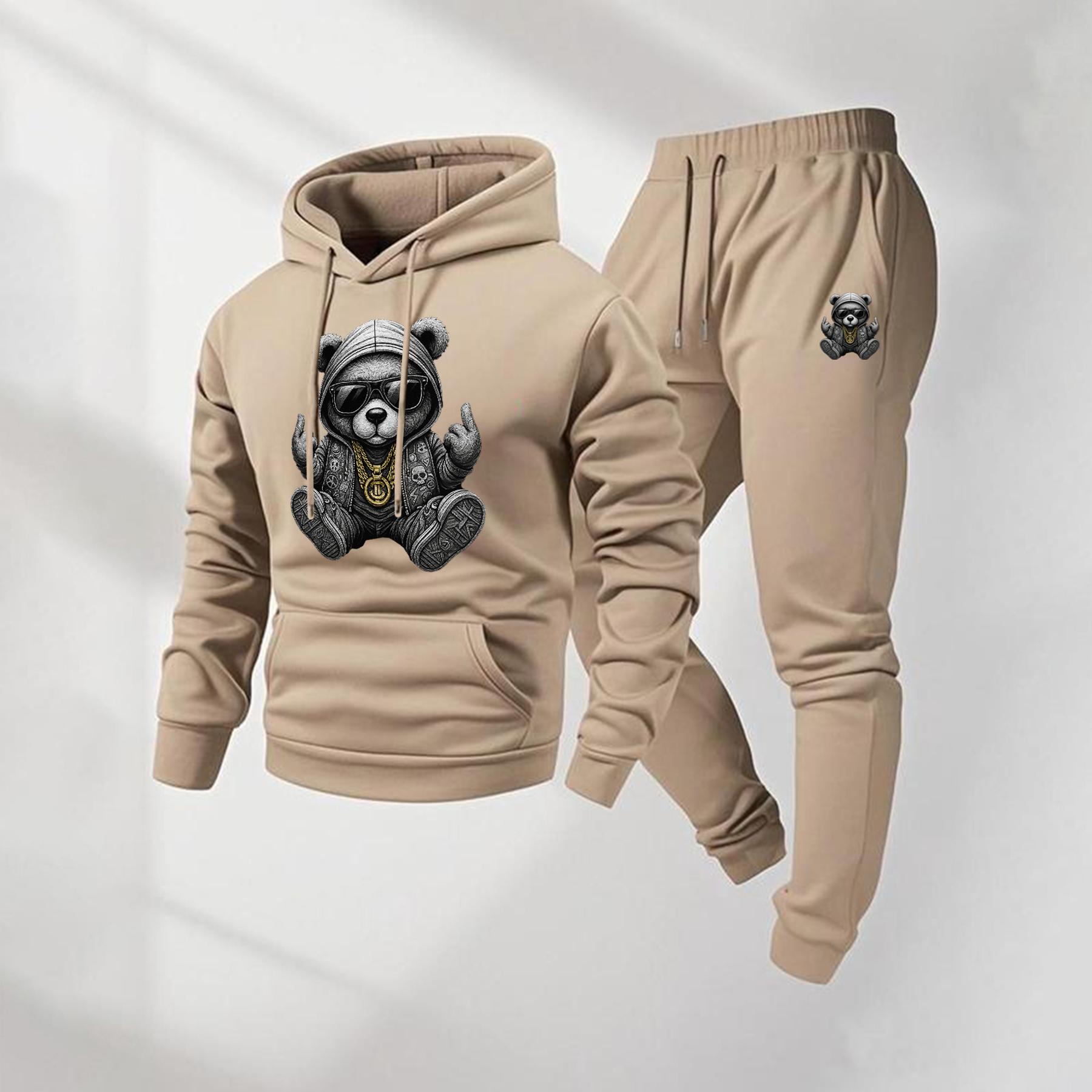 Sudadera con capucha Hip Hop Cartoon Bear Patterned And Drawstring Track pantalón Set, casual Athletic de manga larga Hooded chaqueta And pantalón, Suitable For Fall And Winter, Street Style sudadera con capucha Set, Indoor And para exterior Sportswear, para hombre