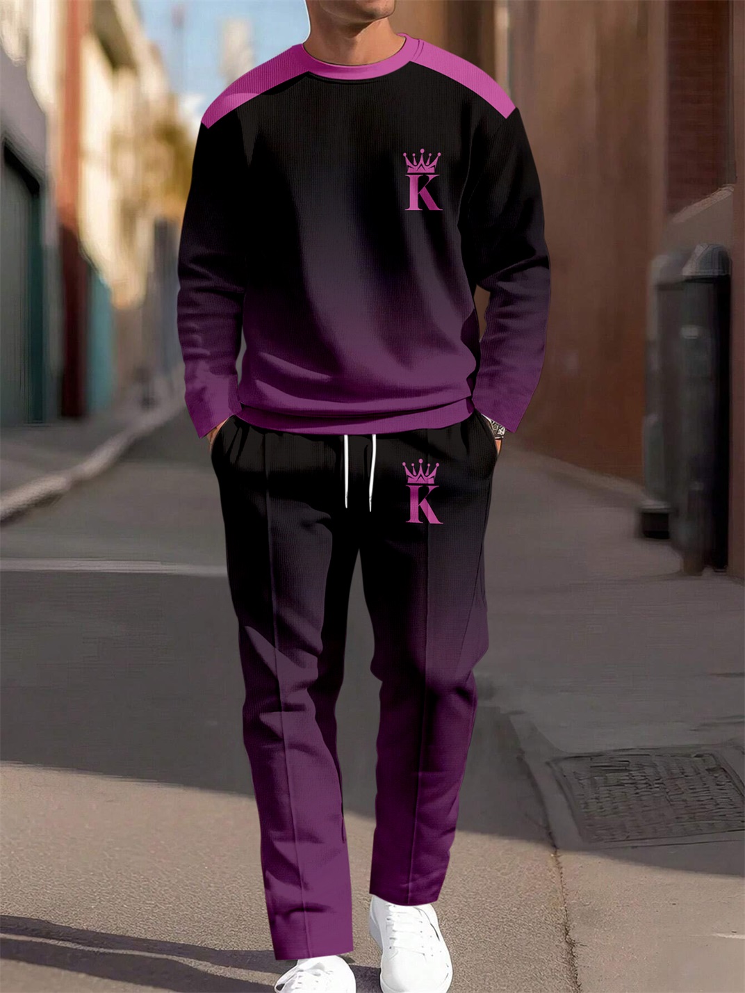 Purple Gradient Round Neck casual Sports Set 038 para hombre