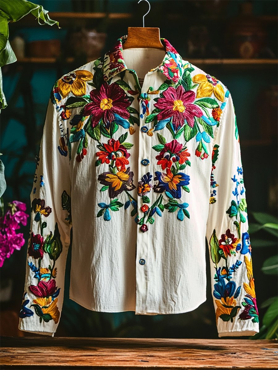 Camisa retro casual Western Ethnic estampado de manga larga para hombre