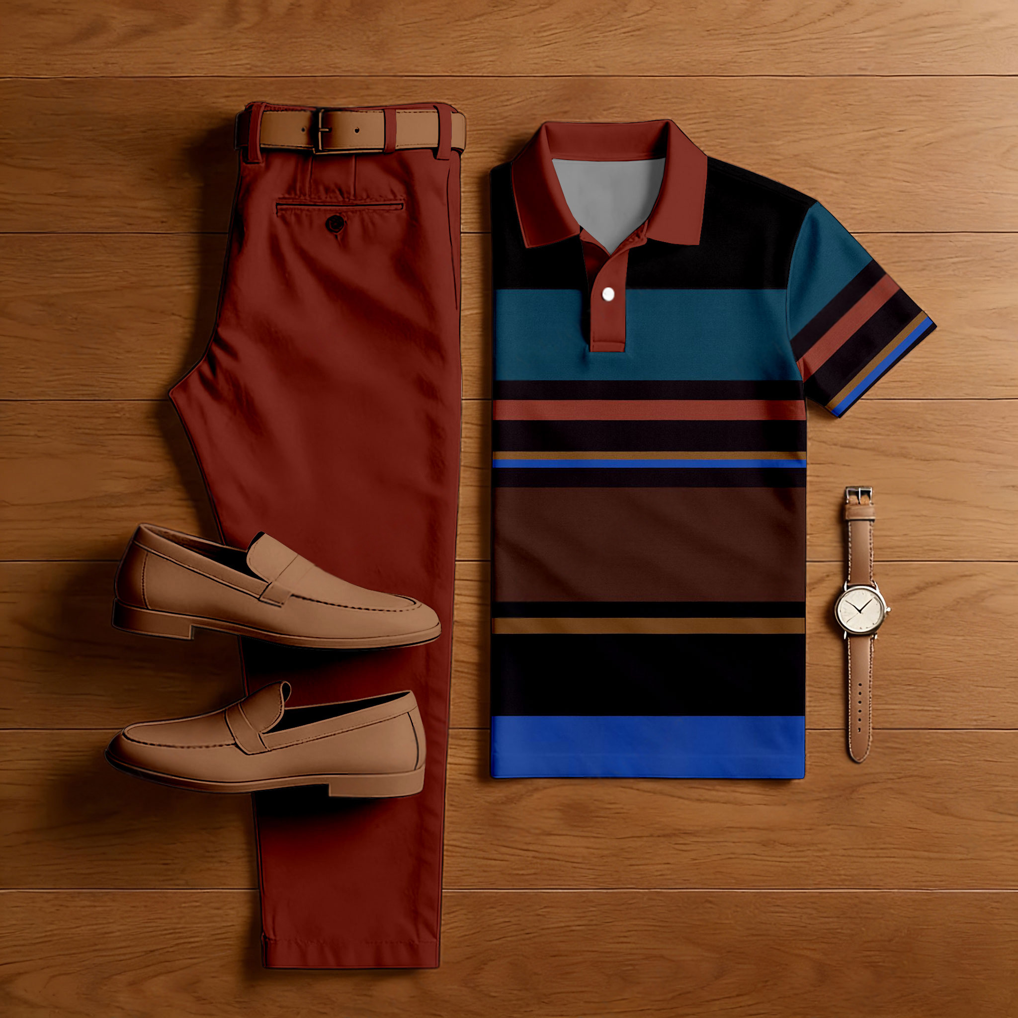Conjunto de dos piezas casual Red Brown & Multi Color Matching a rayas estampado de manga corta camisa polo & Trousers para hombre