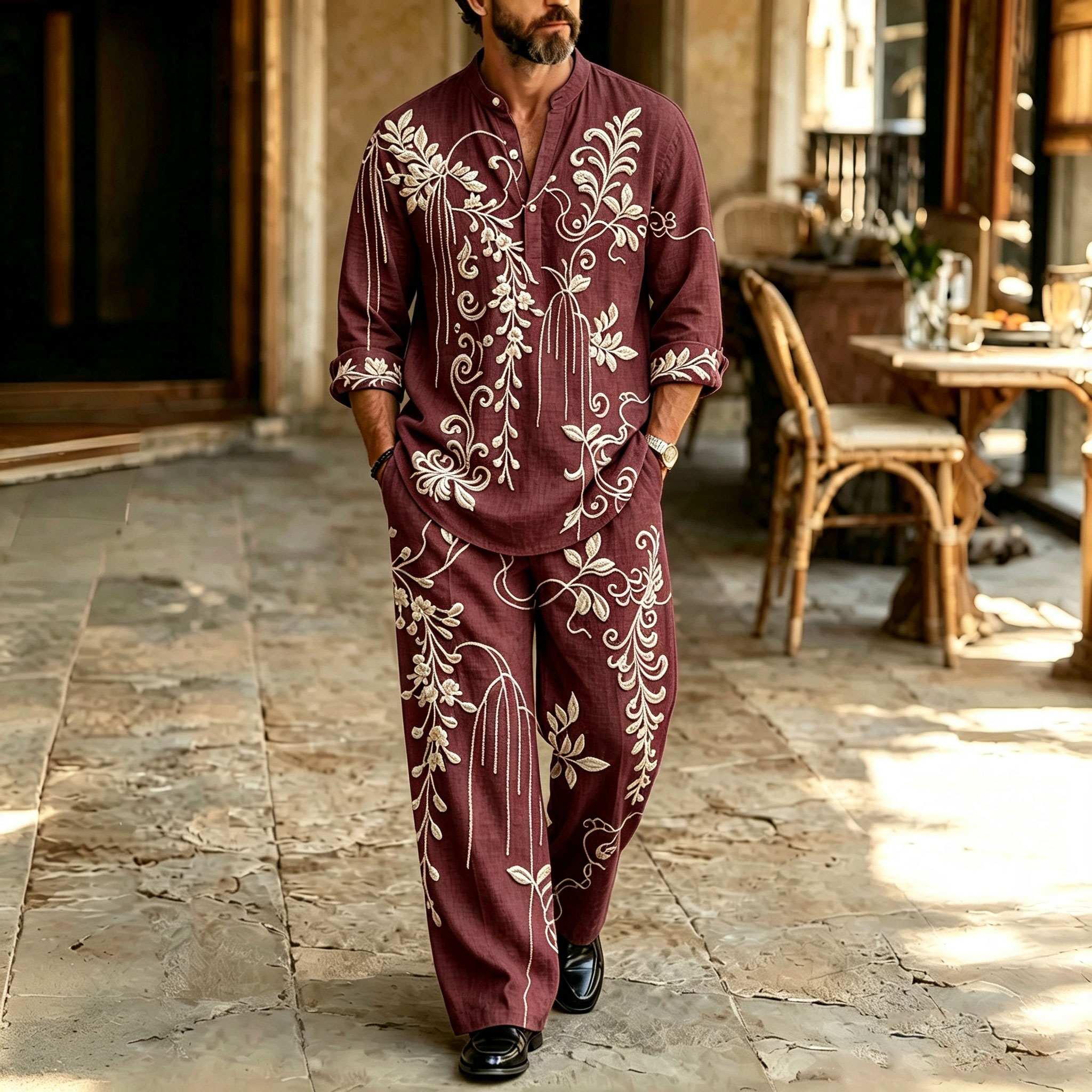 para hombre Vine-Print Stand-Collar camisa polo and pantalón Set