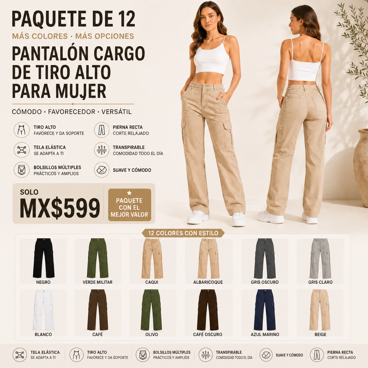Pantalón cargo elástico de tiro alto para mujer · vista 4