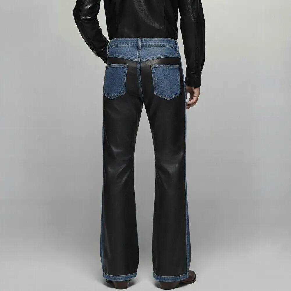 para hombre Black PU Leather Denim Splicing Multi-Button Straight Leg pantalón