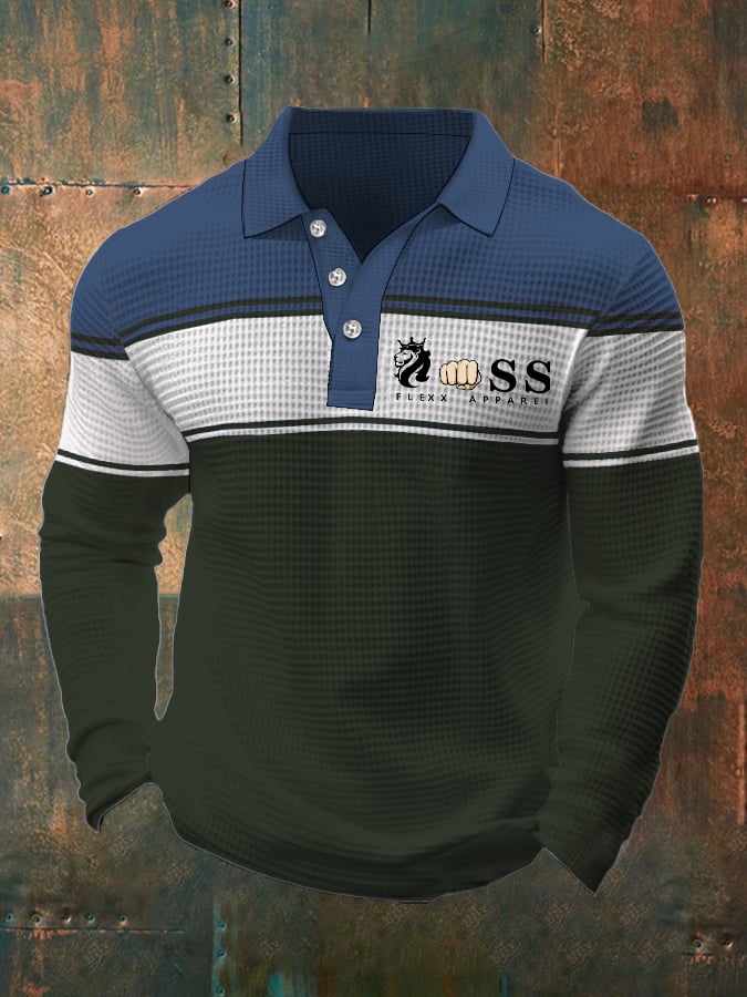 Camisa polo retro Letter Design Waffle Fabric de manga larga para hombre