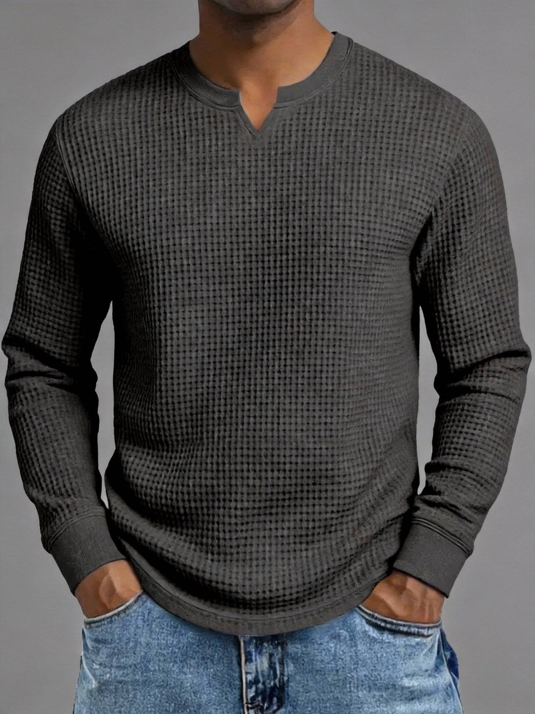 Camiseta vintage tejido tipo waffle V-Neck de manga larga para hombre