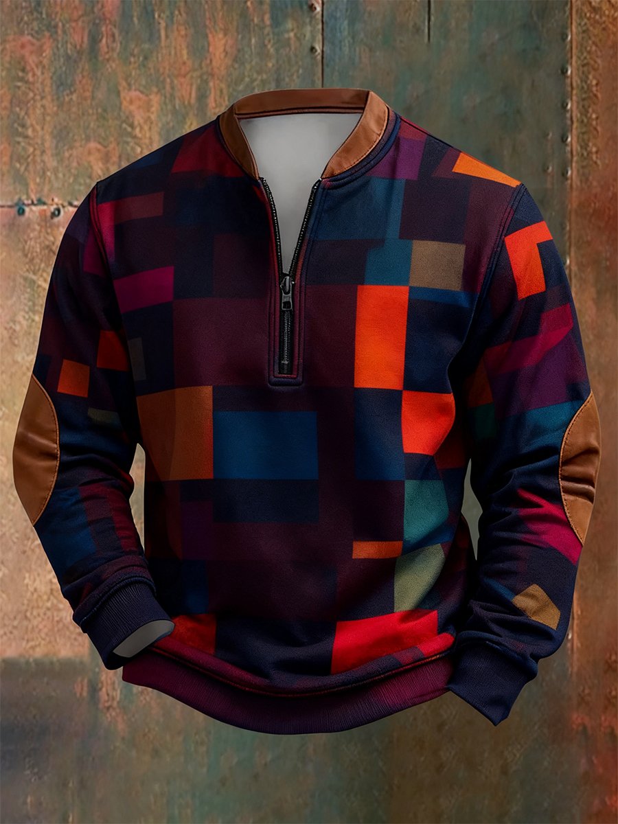 Sudadera retro Bauhaus geométrico Style estampado Quarter Zip para hombre