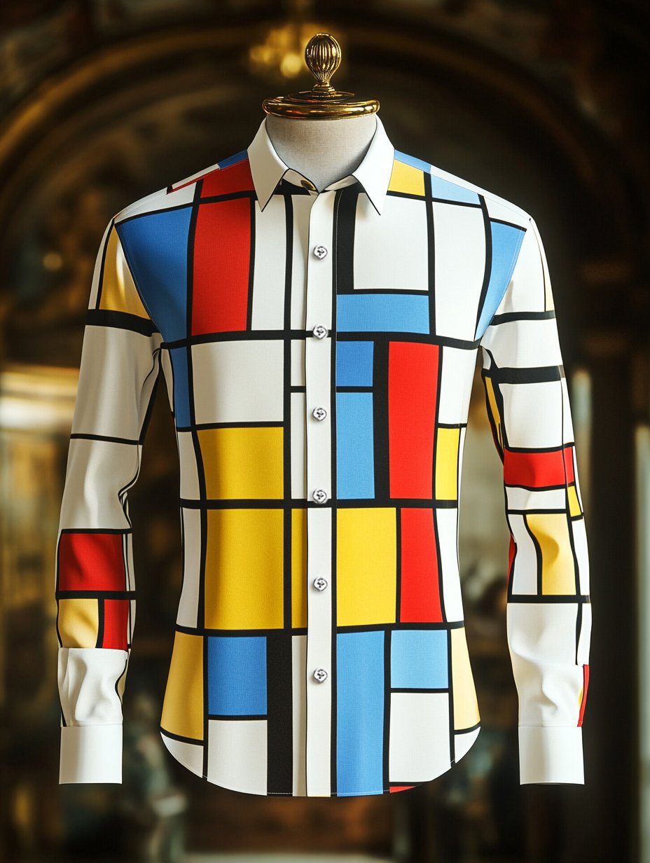 Camisa satén geométrico casual de manga larga con botones para hombre