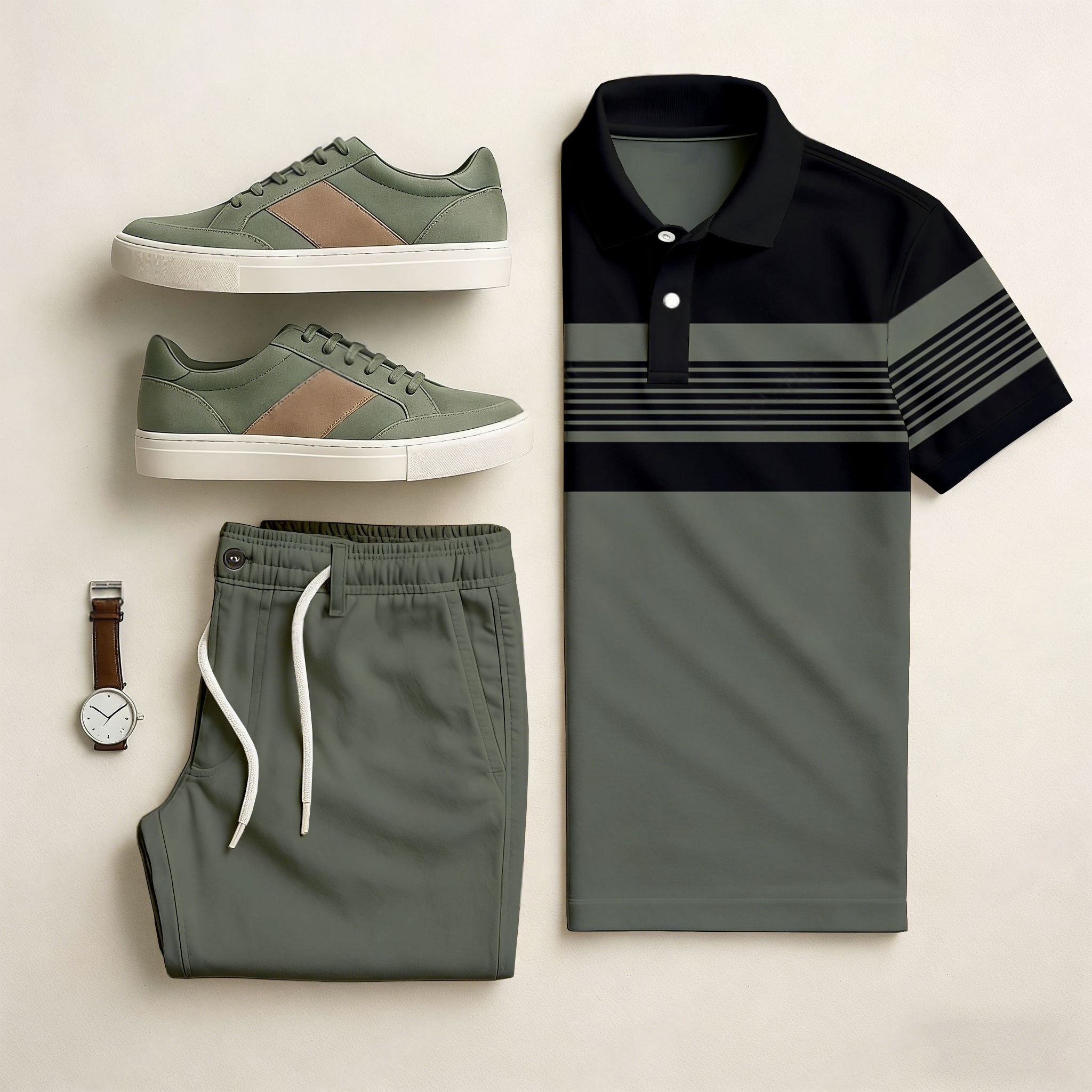 Conjunto de dos piezas casual Khaki Green & Black Color Matching a rayas estampado de manga corta camisa polo & Trousers para hombre