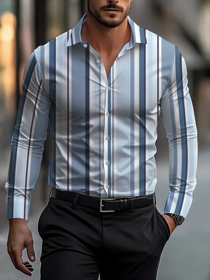 Camisa retro a rayas de moda de manga larga solapa para hombre