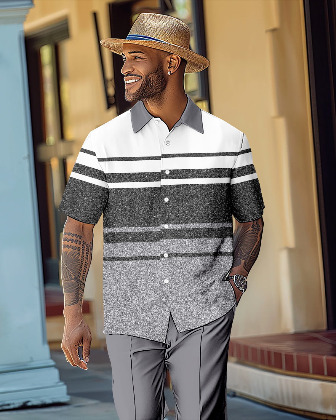 Camisa Gradient en bloques de color de manga corta Walking Suit 1114 para hombre