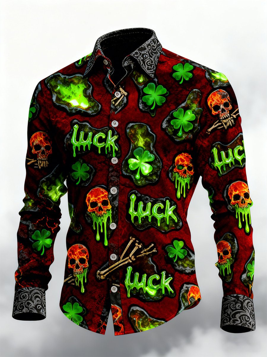 Camisa retro St. Patrick's Day Skull de manga larga para hombre