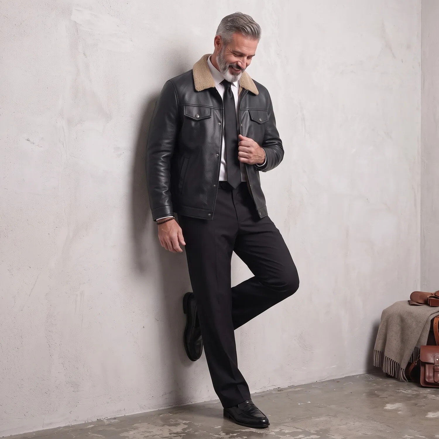 para hombre vintage Fuzzy Turndown Collar Snap Button con cierre PU Leather chaqueta