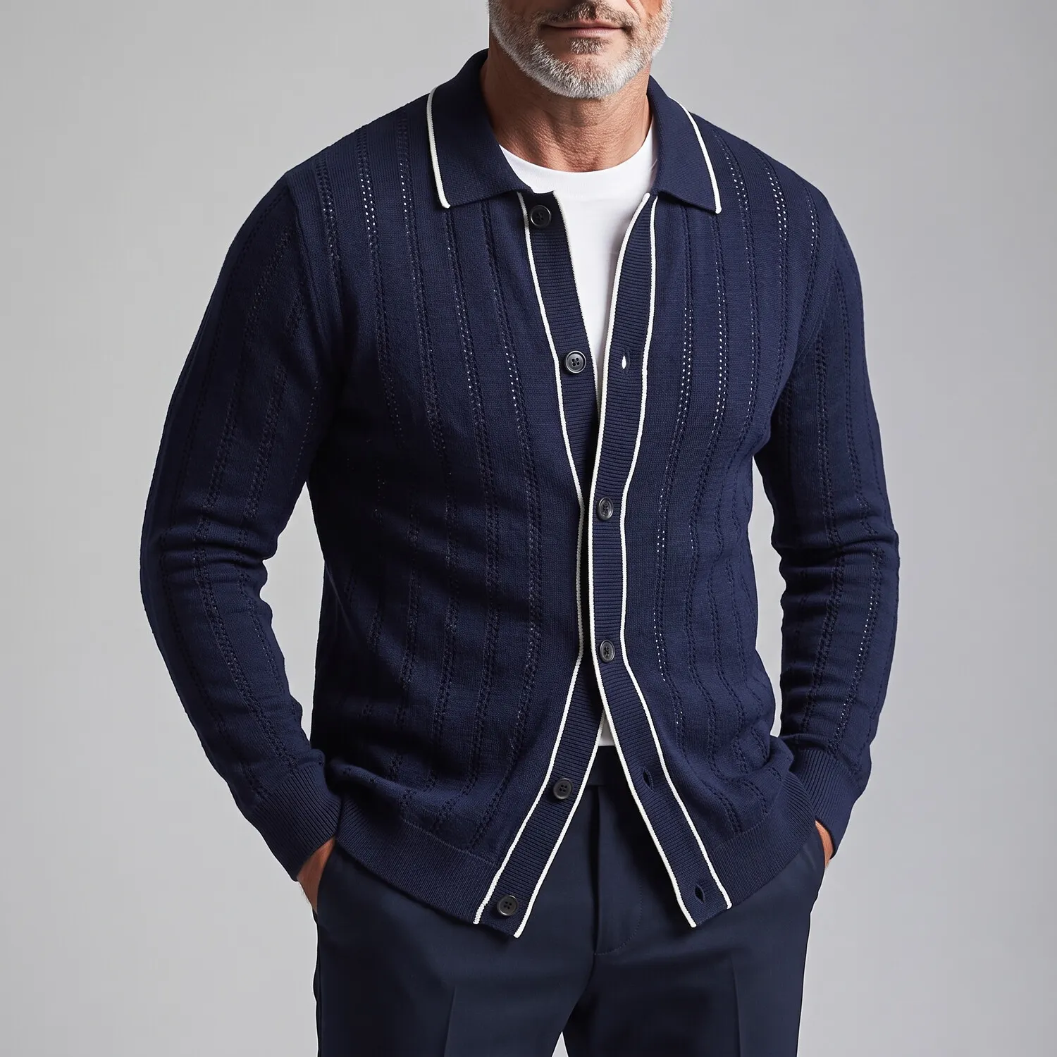 para hombre Navy Blue Hollow Out Contrast Trim Single Breasted tejido Cardigan