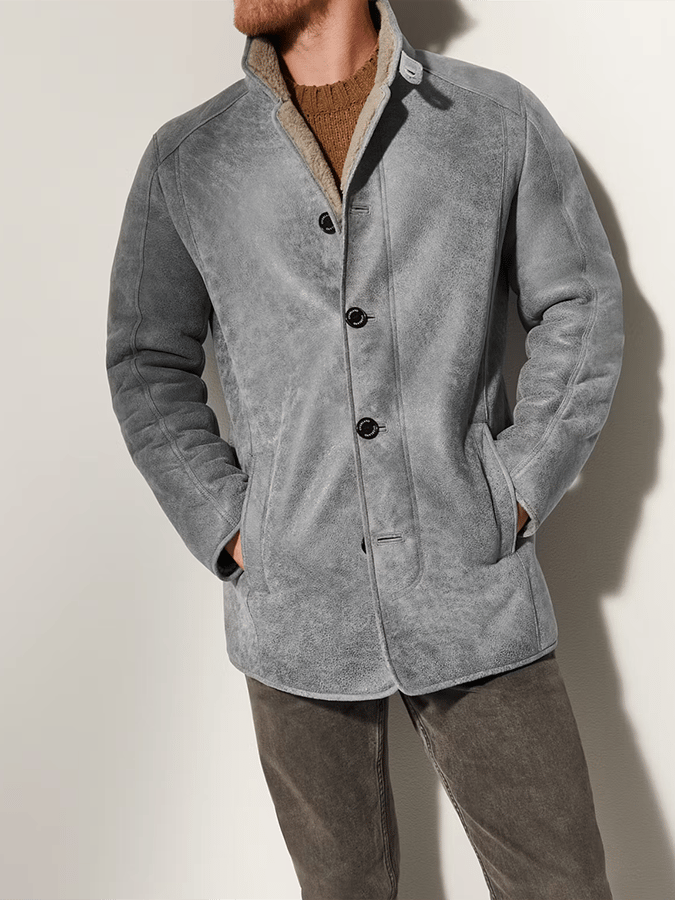 para hombre de modaable Open Pocket Button Design Imitation Leather Plush Warm Coat
