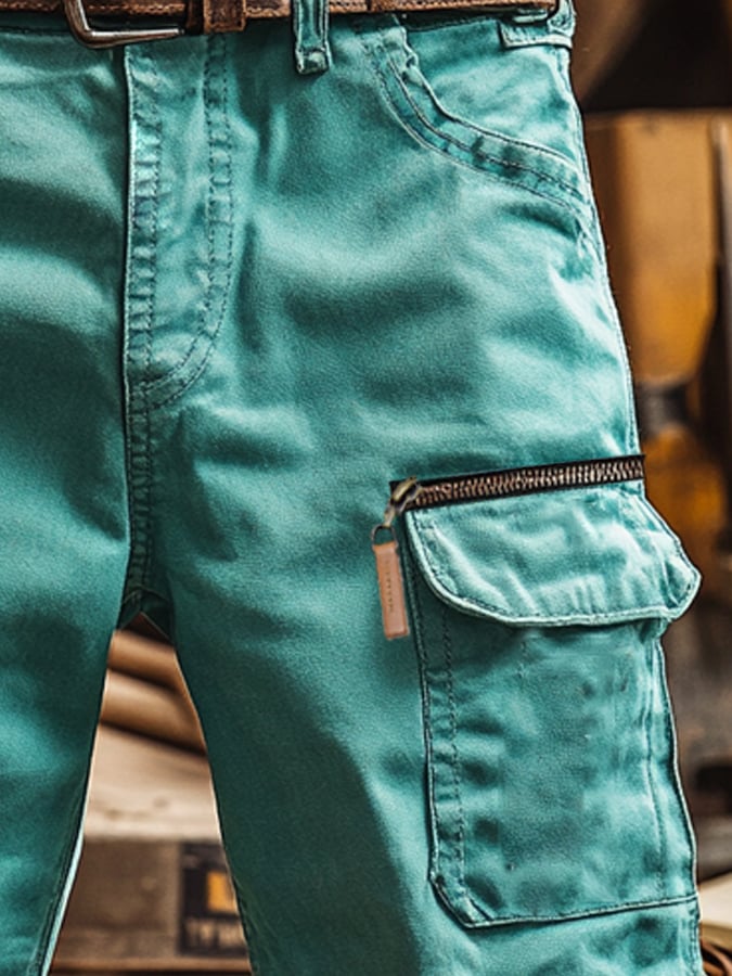 Shorts vintage para exterior cuero cierre bolsillo Functional Cargo para hombre
