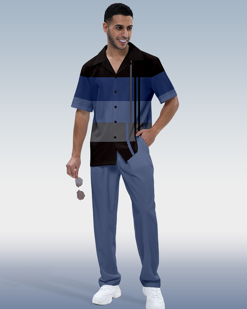 Camisa en bloques de color estampado de manga corta Walking Suit 928 para hombre