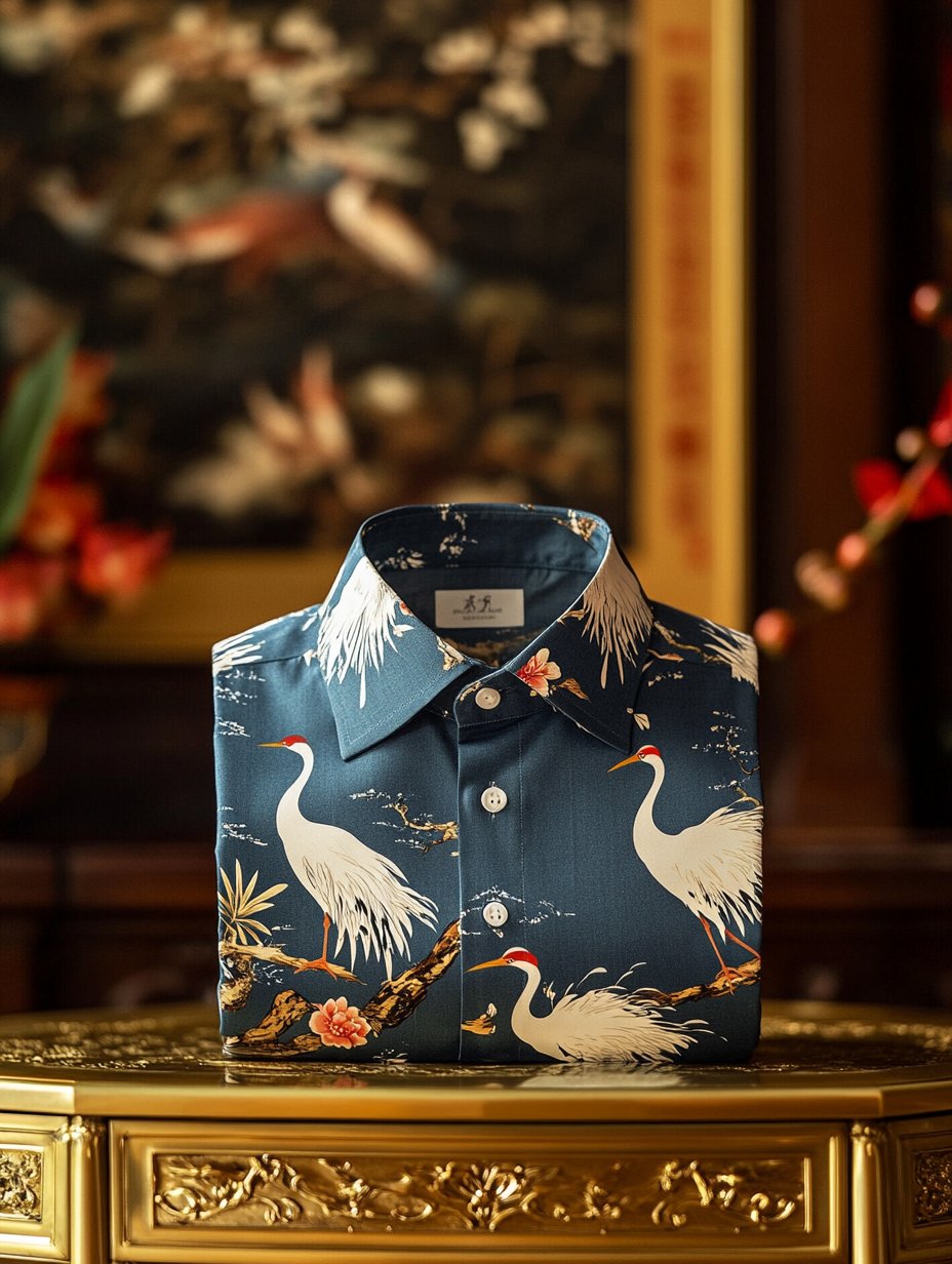 Camisa de lujo clásico Ukiyo-e de manga larga para hombre