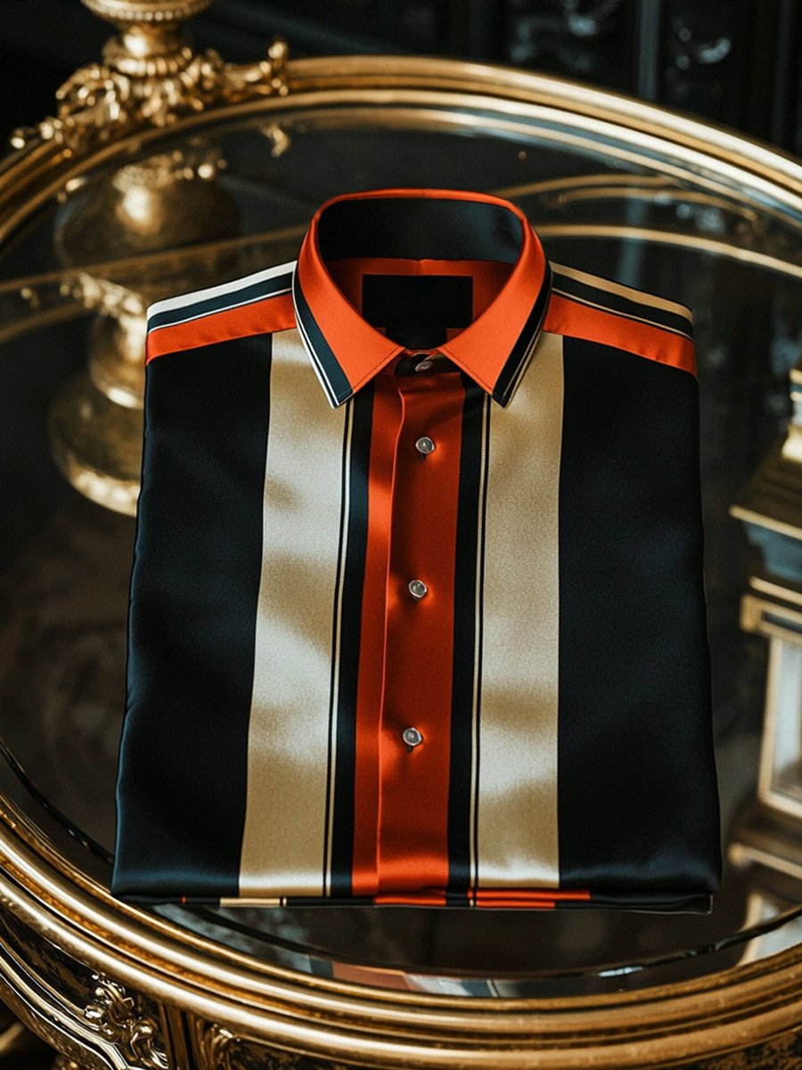 Camisa satén de lujo ejecutivo Charlie Sheen a rayas de manga larga para hombre
