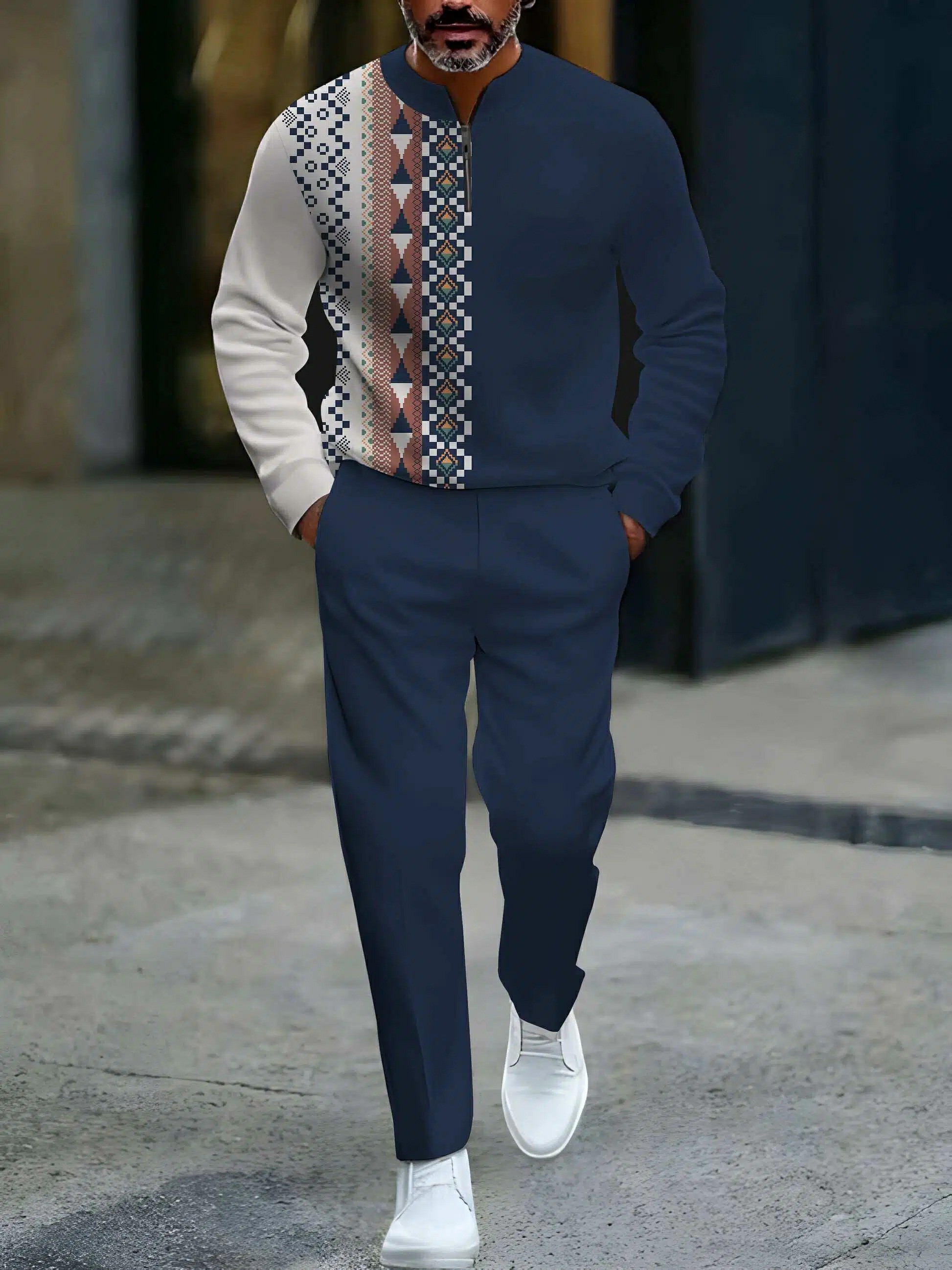 Conjunto de dos piezas casual Navy Blue Color Matching vintage Flower Pattenr Round-Neck cierre de manga larga Tops & Trousers para hombre